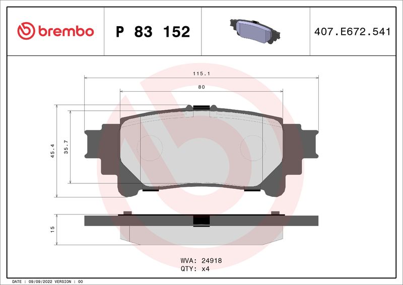 Stabdžių trinkelių rinkinys, diskinis stabdys BREMBO P 83 152