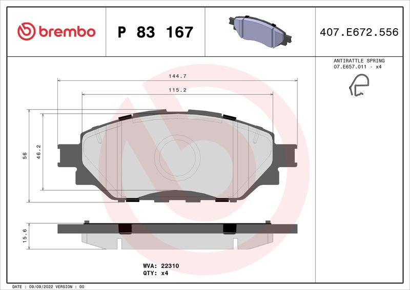 Stabdžių trinkelių rinkinys, diskinis stabdys BREMBO P83167