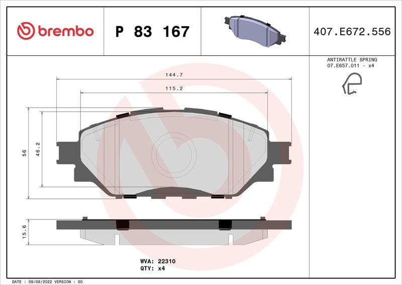 Brake Pad Set, disc brake BREMBO P 83 167