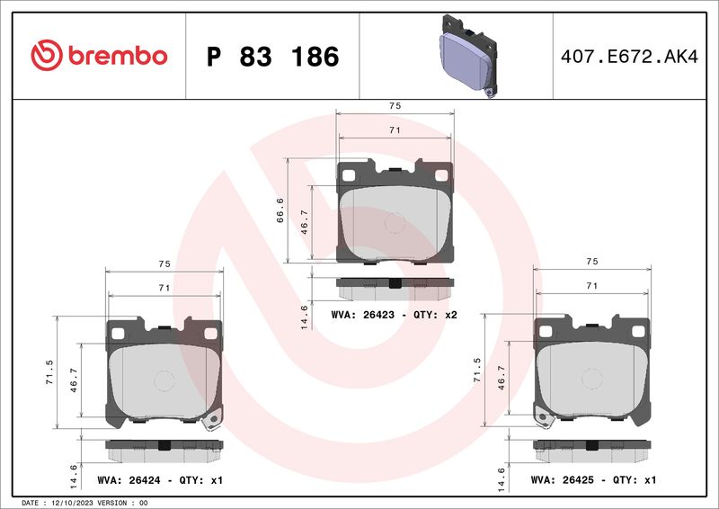 Stabdžių trinkelių rinkinys, diskinis stabdys BREMBO P 83 186