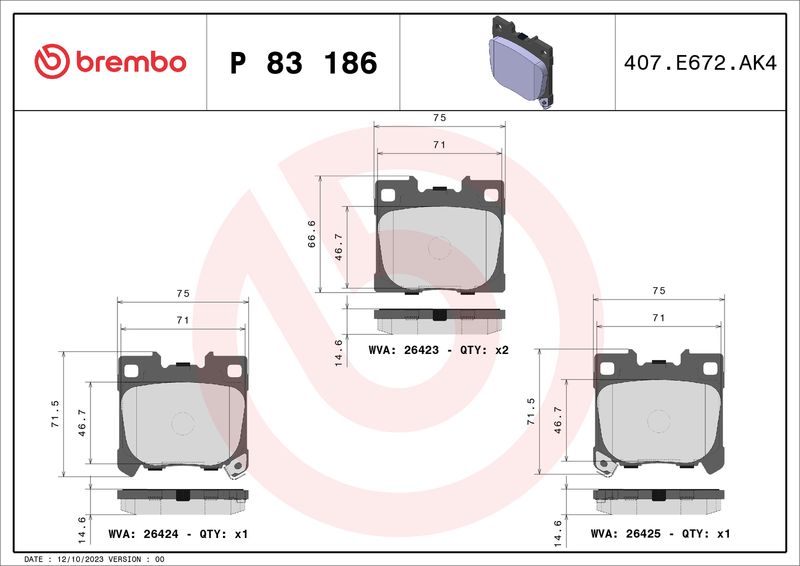 Комплект гальмівних накладок, дискове гальмо BREMBO P 83 186
