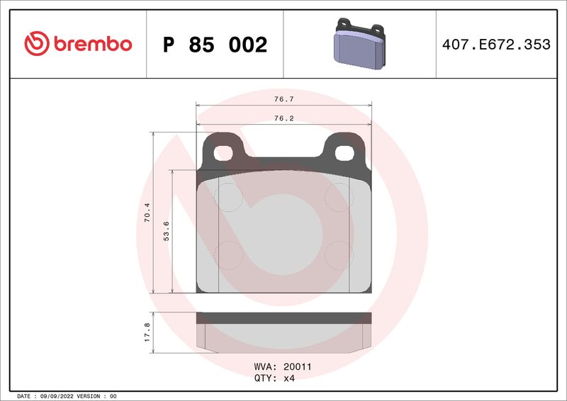 Комплект гальмівних накладок, дискове гальмо BREMBO P 85 002