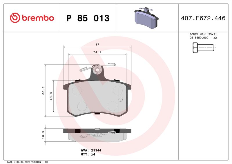 Комплект гальмівних накладок, дискове гальмо BREMBO P 85 013