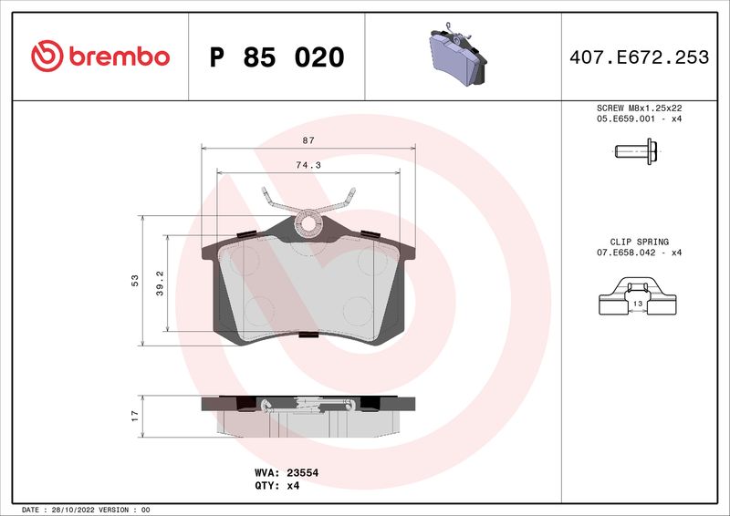 Stabdžių trinkelių rinkinys, diskinis stabdys BREMBO P 85 020