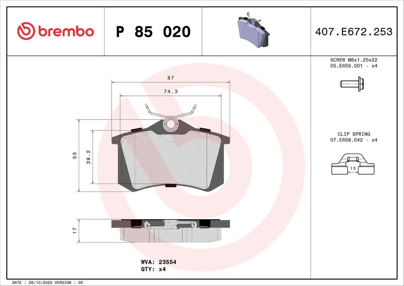 Комплект гальмівних накладок, дискове гальмо BREMBO P 85 020