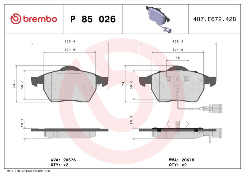 Комплект гальмівних накладок, дискове гальмо BREMBO P 85 026