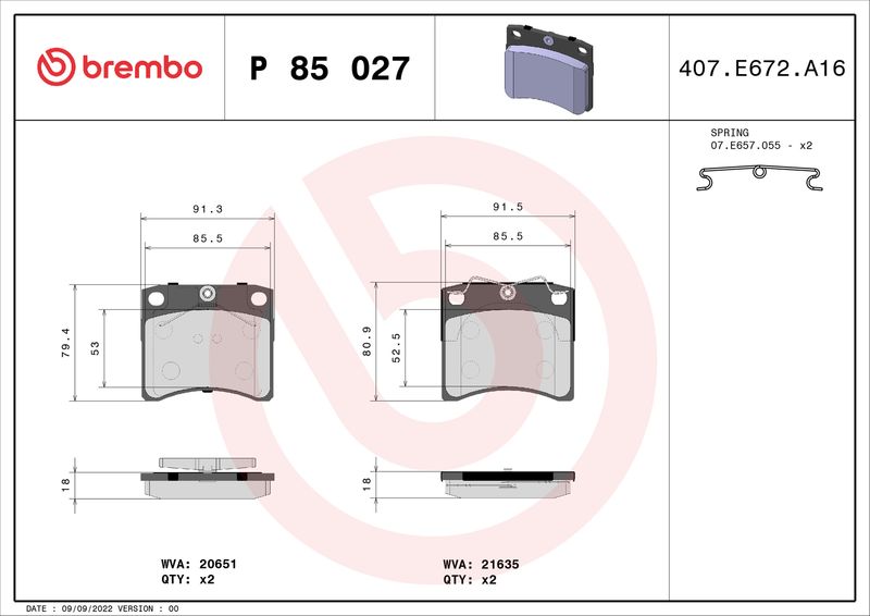 Комплект гальмівних накладок, дискове гальмо BREMBO P 85 027