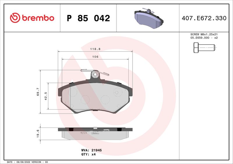 Комплект гальмівних накладок, дискове гальмо BREMBO P 85 042