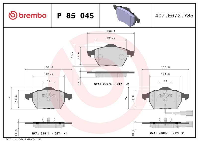 Комплект гальмівних накладок, дискове гальмо BREMBO P 85 045
