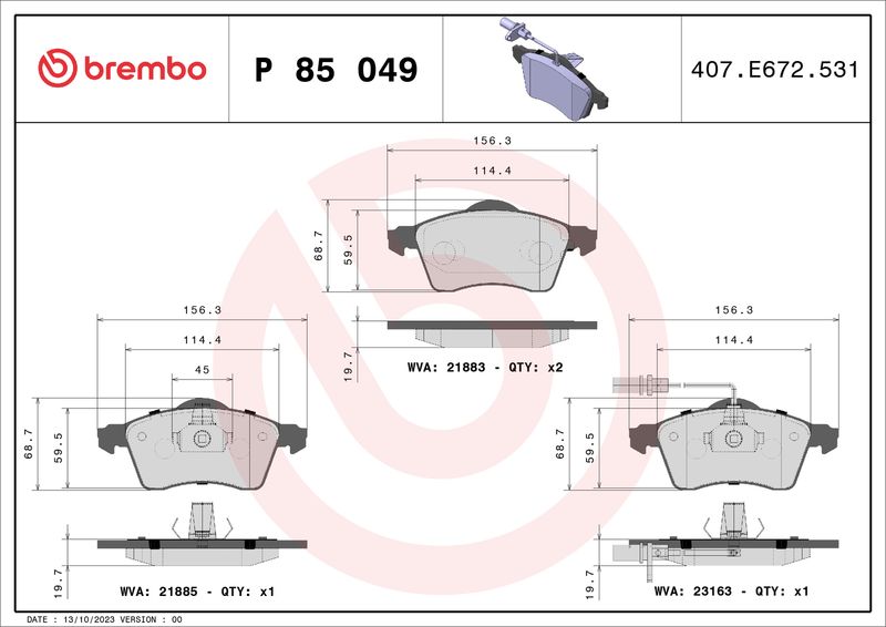 Комплект гальмівних накладок, дискове гальмо BREMBO P 85 049