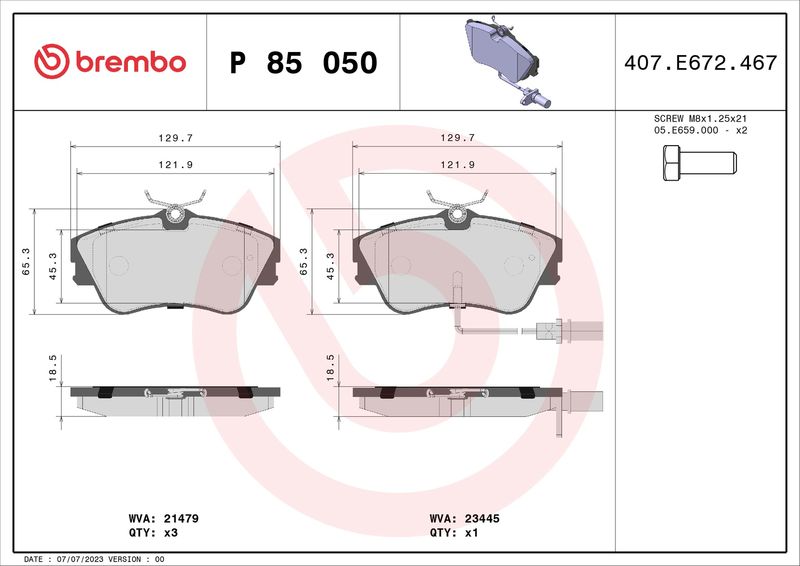Stabdžių trinkelių rinkinys, diskinis stabdys BREMBO P 85 050