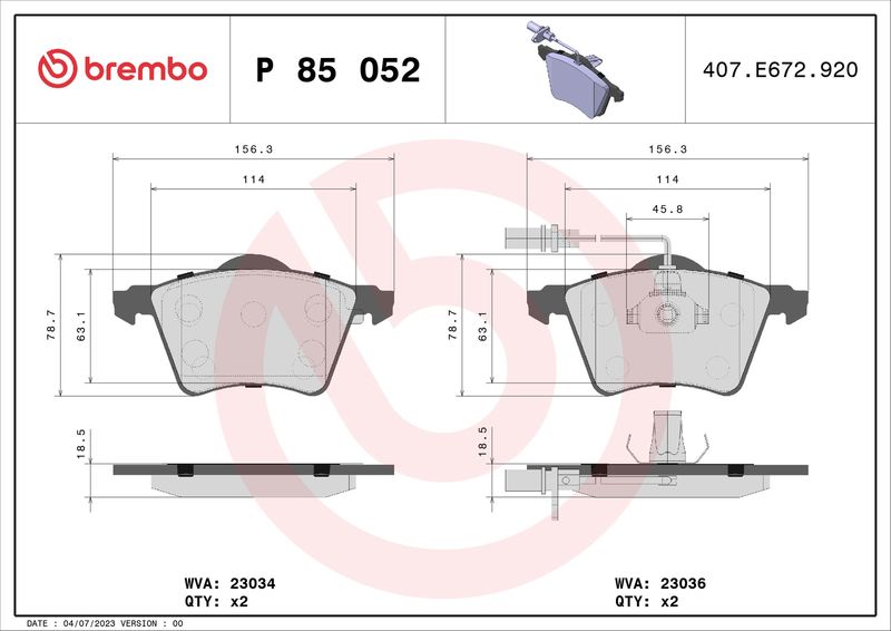 Stabdžių trinkelių rinkinys, diskinis stabdys BREMBO P 85 052