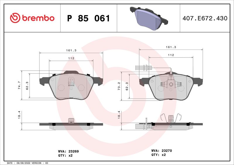 Комплект гальмівних накладок, дискове гальмо BREMBO P 85 061