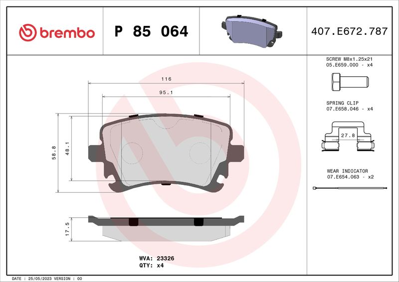 Комплект гальмівних накладок, дискове гальмо BREMBO P 85 064