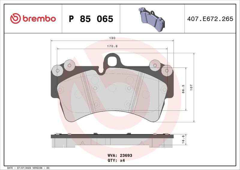 Комплект гальмівних накладок, дискове гальмо BREMBO P 85 065