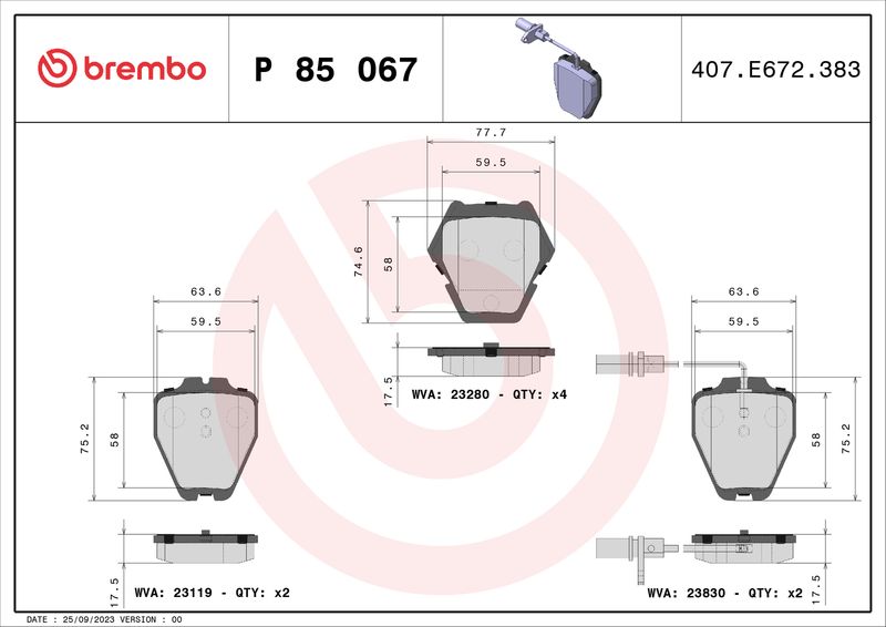 Stabdžių trinkelių rinkinys, diskinis stabdys BREMBO P 85 067