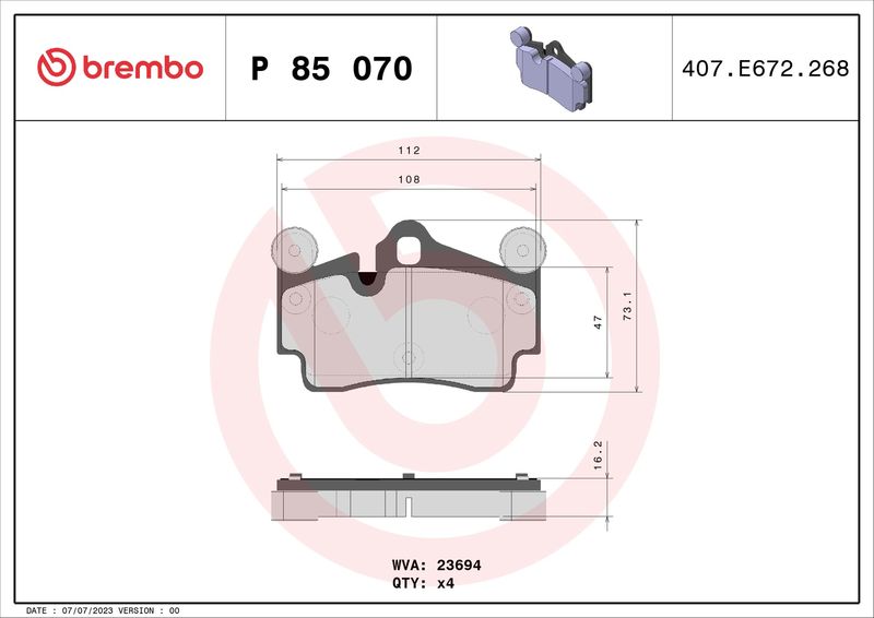 Stabdžių trinkelių rinkinys, diskinis stabdys BREMBO P 85 070