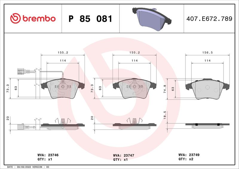 Stabdžių trinkelių rinkinys, diskinis stabdys BREMBO P 85 081