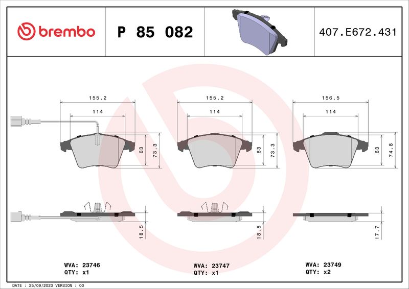 Комплект гальмівних накладок, дискове гальмо BREMBO P 85 082