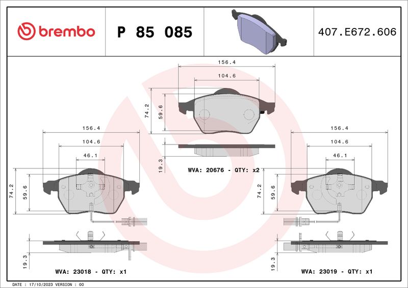 Stabdžių trinkelių rinkinys, diskinis stabdys BREMBO P 85 085