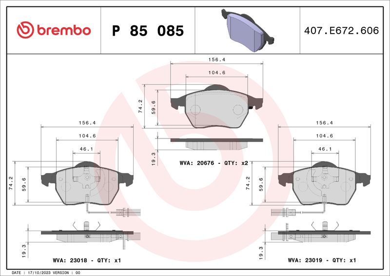 Комплект гальмівних накладок, дискове гальмо BREMBO P 85 085