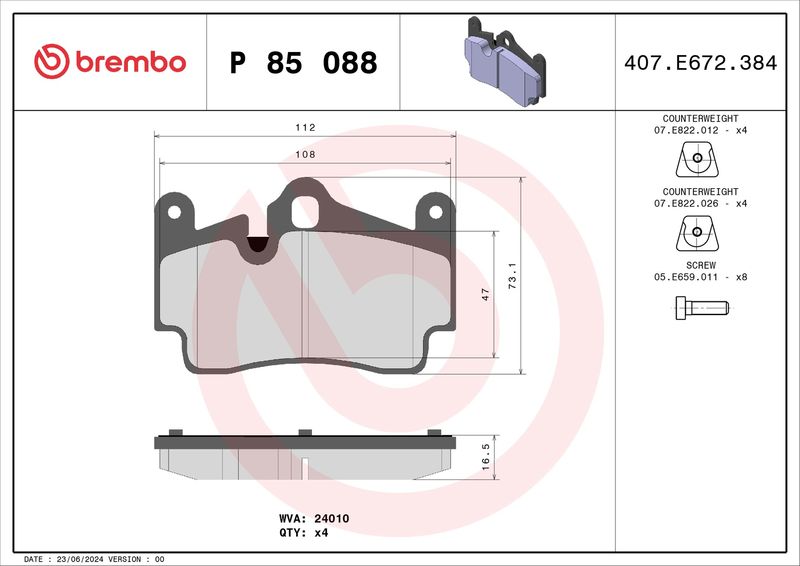 Комплект гальмівних накладок, дискове гальмо BREMBO P 85 088