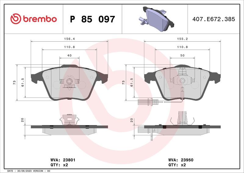 Комплект гальмівних накладок, дискове гальмо BREMBO P 85 097