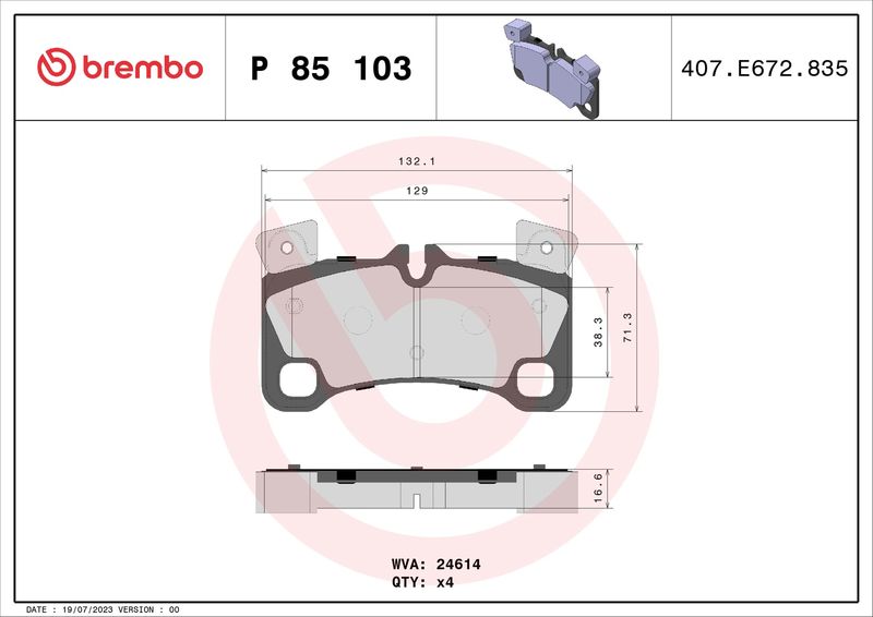 Комплект гальмівних накладок, дискове гальмо BREMBO P 85 103