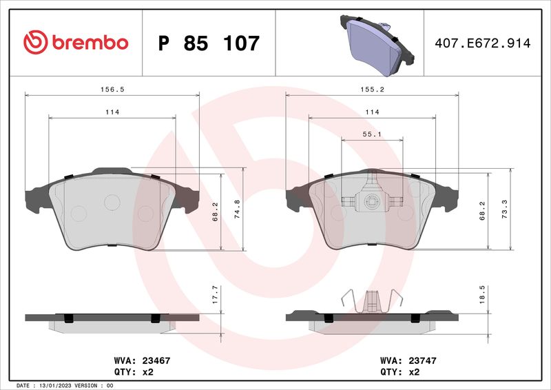 Комплект гальмівних накладок, дискове гальмо BREMBO P 85 107