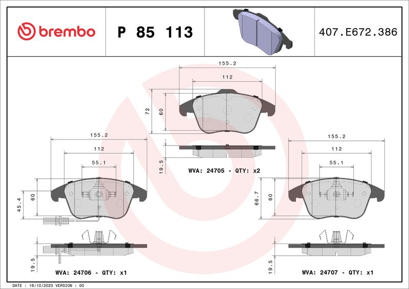 Stabdžių trinkelių rinkinys, diskinis stabdys BREMBO P 85 113