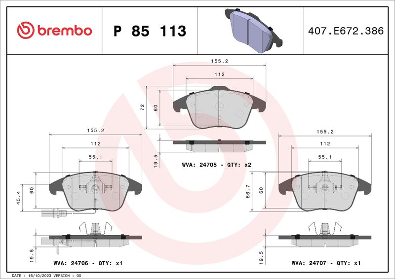 Комплект гальмівних накладок, дискове гальмо BREMBO P 85 113