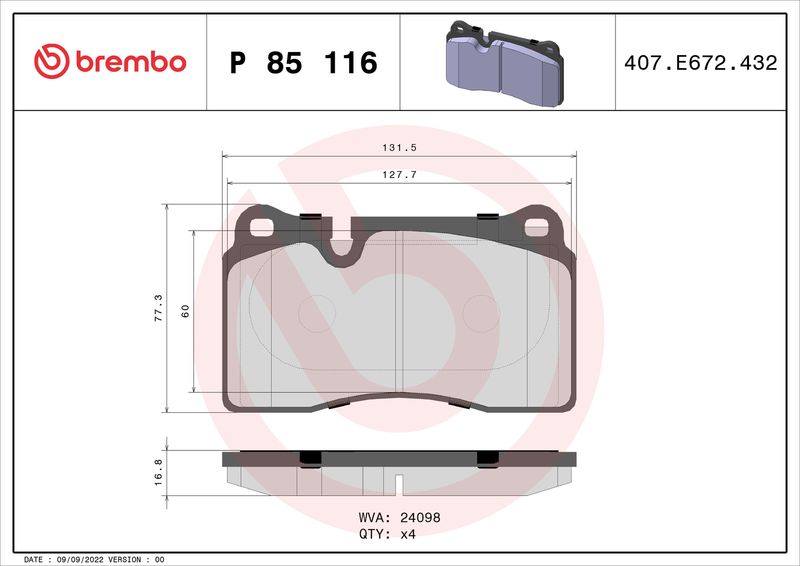 Stabdžių trinkelių rinkinys, diskinis stabdys BREMBO P 85 116