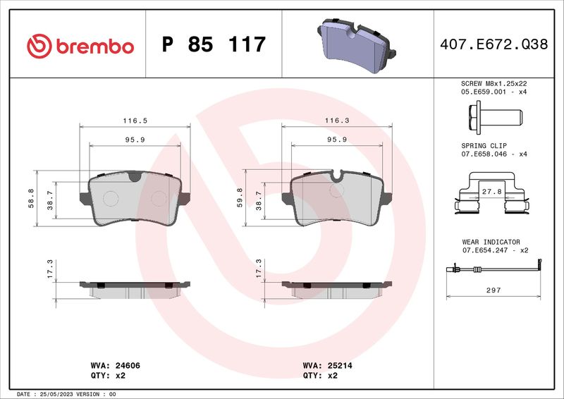 Комплект гальмівних накладок, дискове гальмо BREMBO P 85 117