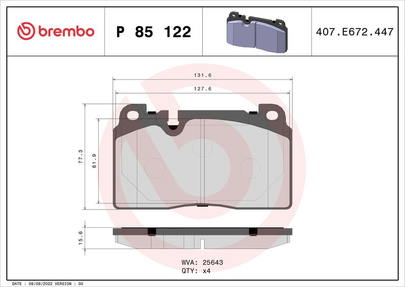 Stabdžių trinkelių rinkinys, diskinis stabdys BREMBO P 85 122