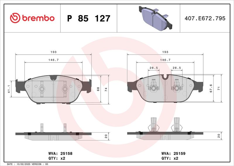 Stabdžių trinkelių rinkinys, diskinis stabdys BREMBO P 85 127