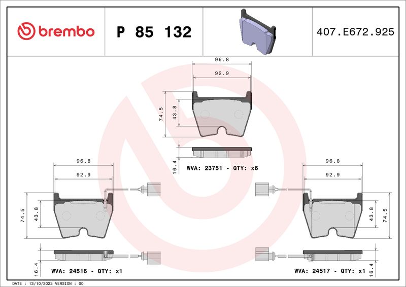 Комплект гальмівних накладок, дискове гальмо BREMBO P 85 132