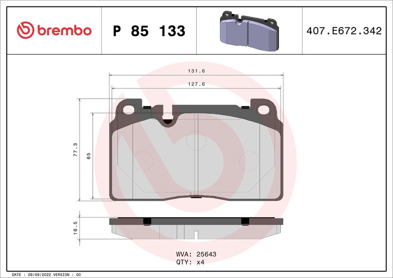 Комплект гальмівних накладок, дискове гальмо BREMBO P 85 133