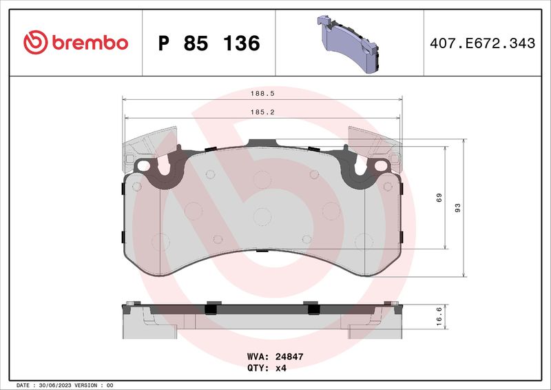 Stabdžių trinkelių rinkinys, diskinis stabdys BREMBO P 85 136