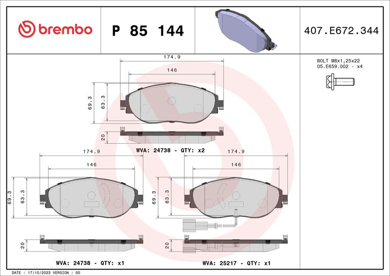 Комплект гальмівних накладок, дискове гальмо BREMBO P 85 144