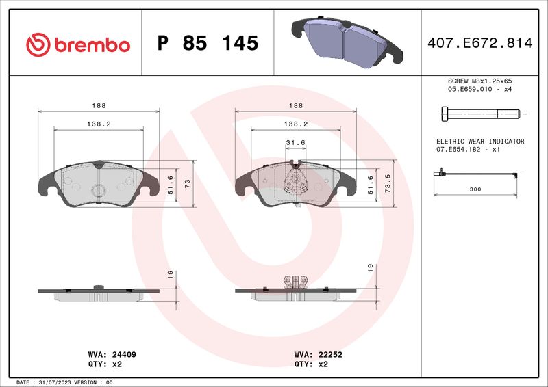 Комплект гальмівних накладок, дискове гальмо BREMBO P 85 145