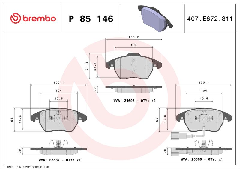 Комплект гальмівних накладок, дискове гальмо BREMBO P 85 146