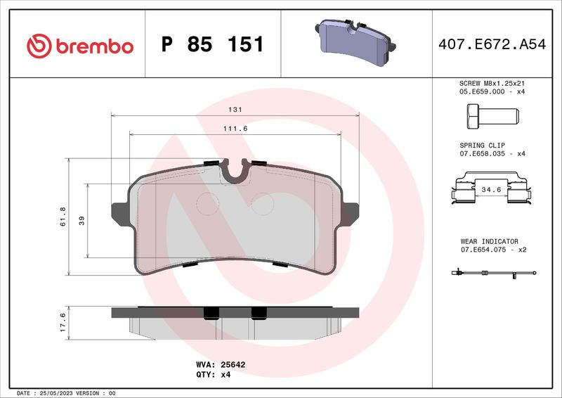 Комплект гальмівних накладок, дискове гальмо BREMBO P 85 151