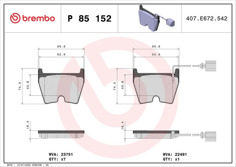 Комплект гальмівних накладок, дискове гальмо BREMBO P 85 152