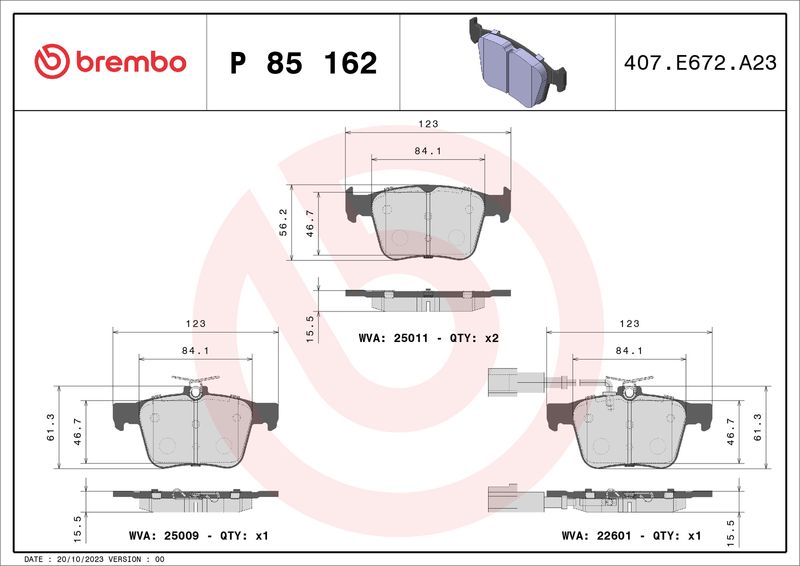 Stabdžių trinkelių rinkinys, diskinis stabdys BREMBO P 85 162