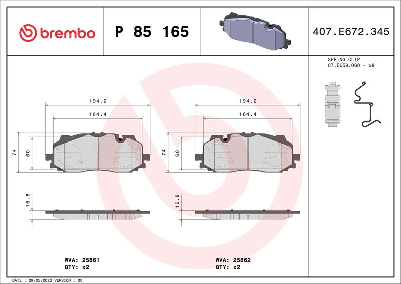 Комплект гальмівних накладок, дискове гальмо BREMBO P 85 165