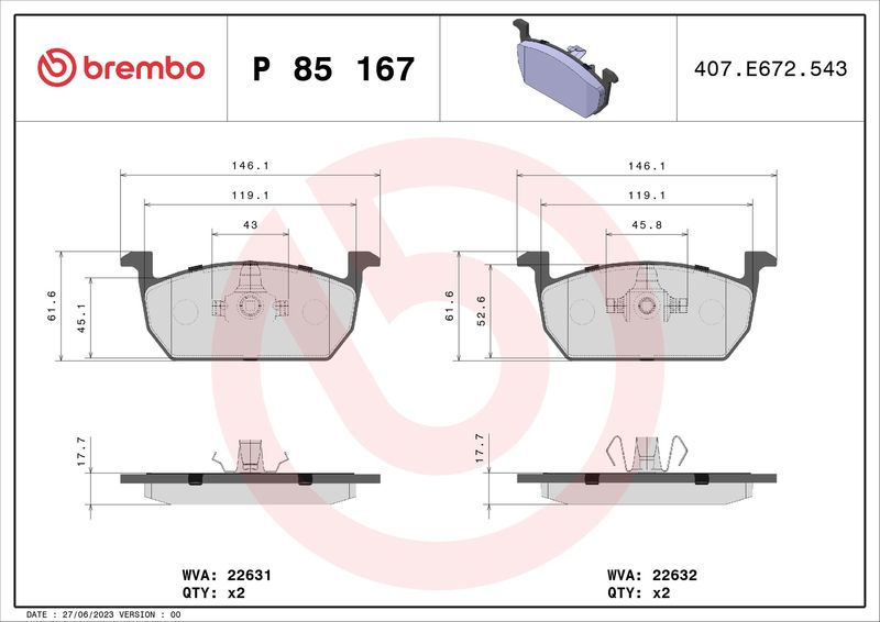 Комплект гальмівних накладок, дискове гальмо BREMBO P 85 167