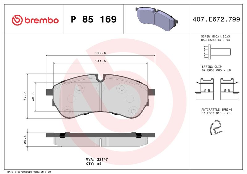 Комплект гальмівних накладок, дискове гальмо BREMBO P 85 169