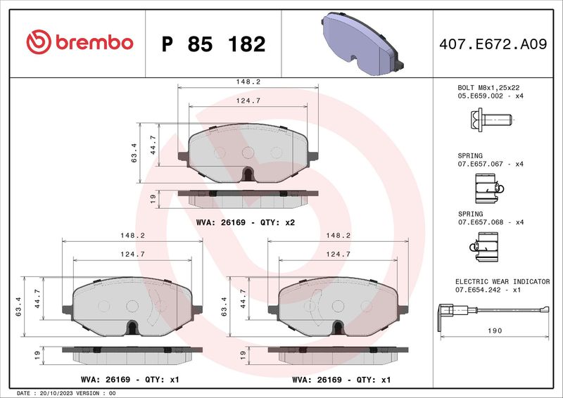 Комплект гальмівних накладок, дискове гальмо BREMBO P 85 182