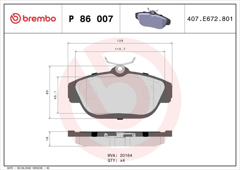 Комплект гальмівних накладок, дискове гальмо BREMBO P 86 007