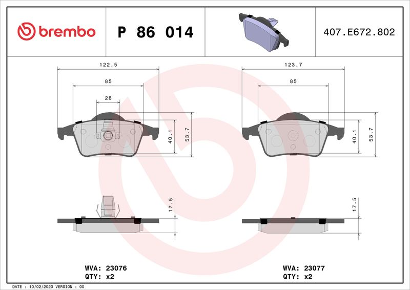 Комплект гальмівних накладок, дискове гальмо BREMBO P 86 014